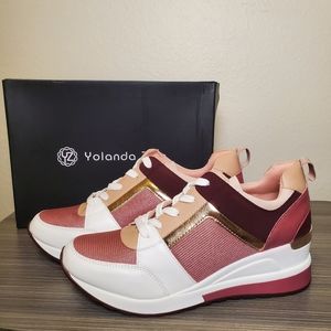 Yolanda Zula Wedge Sneaker Brand New in Box. Size 10. Maroon, pink, gold